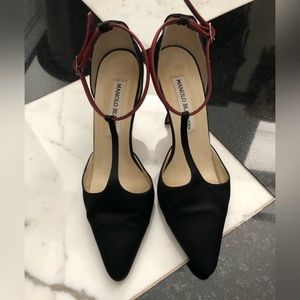 Manolo Blahnik black silk satin shoes, with changeable strap.